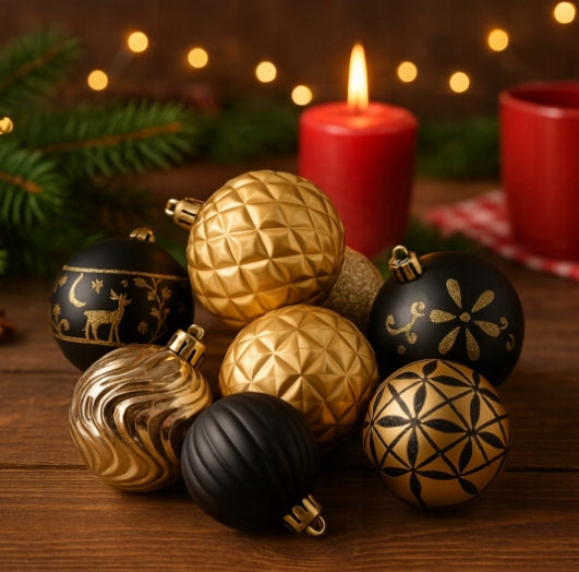 CHRISTMAS TREE BAUBLE SET BLACK GOLD 30PCS UNBREAKABLE CHRISTMAS BAUBLES Packaging status original