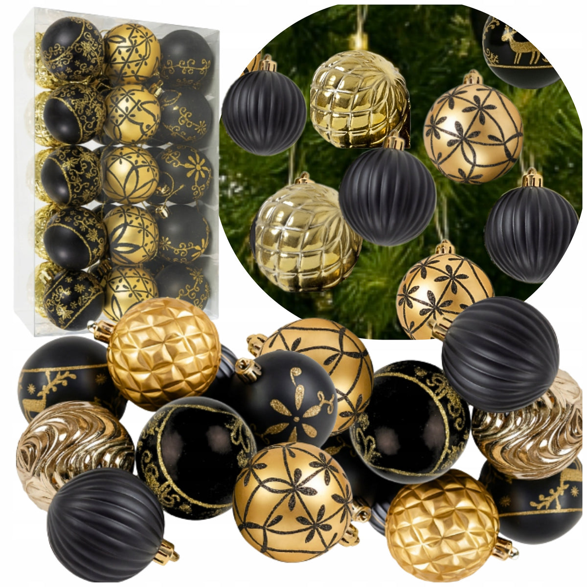 CHRISTMAS TREE BAUBLE SET BLACK GOLD 30PCS UNBREAKABLE CHRISTMAS BAUBLES