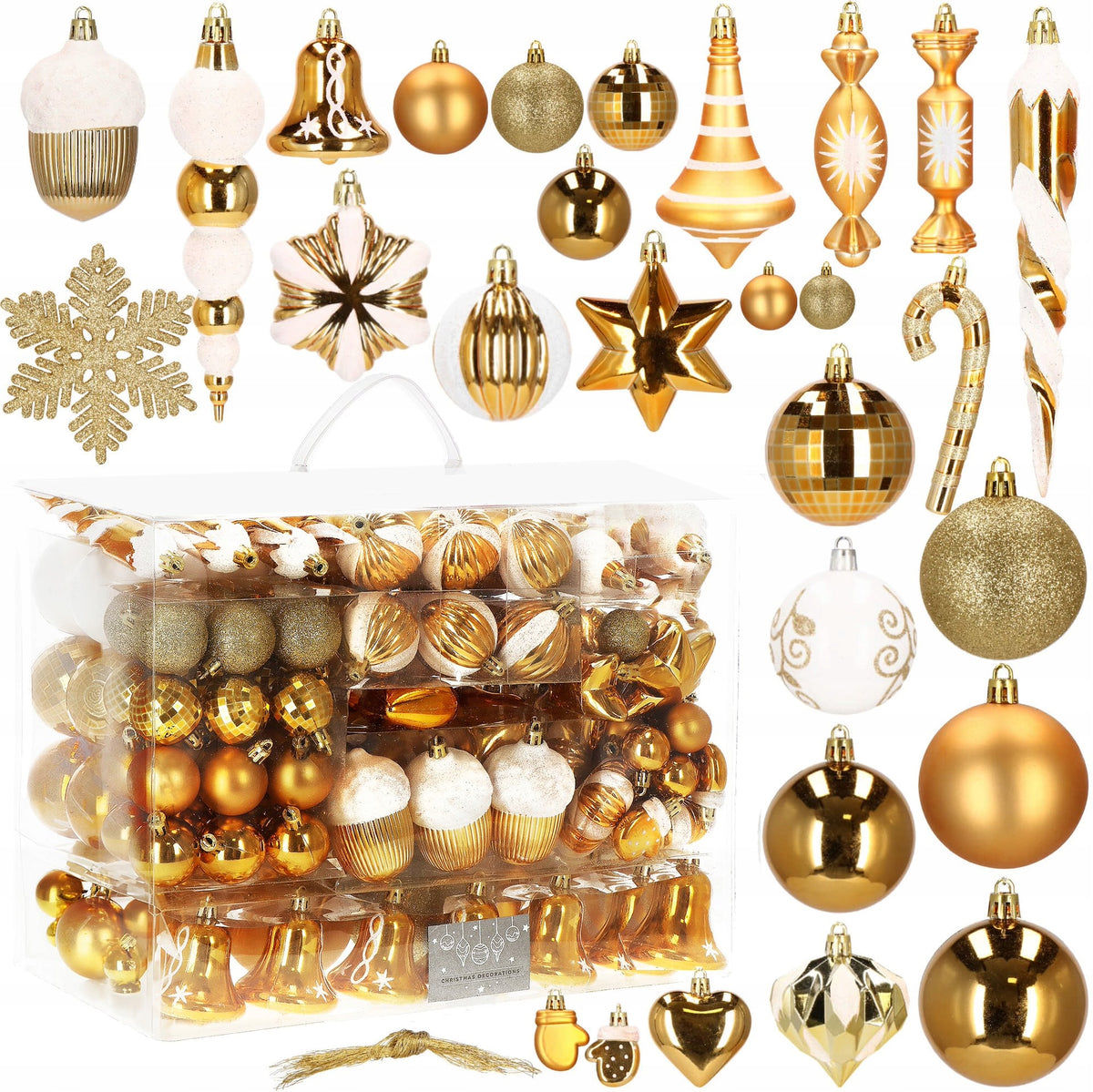 CHRISTMAS TREE BAUBLES 149 PACK XXL SET GOLD UNBREAKABLE CHRISTMAS TREE MIX OF DESIGNS Packaging status original