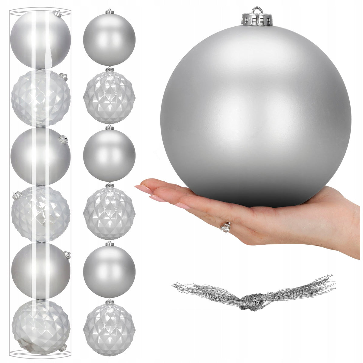 CHRISTMAS TREE BAUBLES 15cm UNBREAKABLE BAUBLE 6x SILVER LARGE CHRISTMAS TREE CHRISTMAS