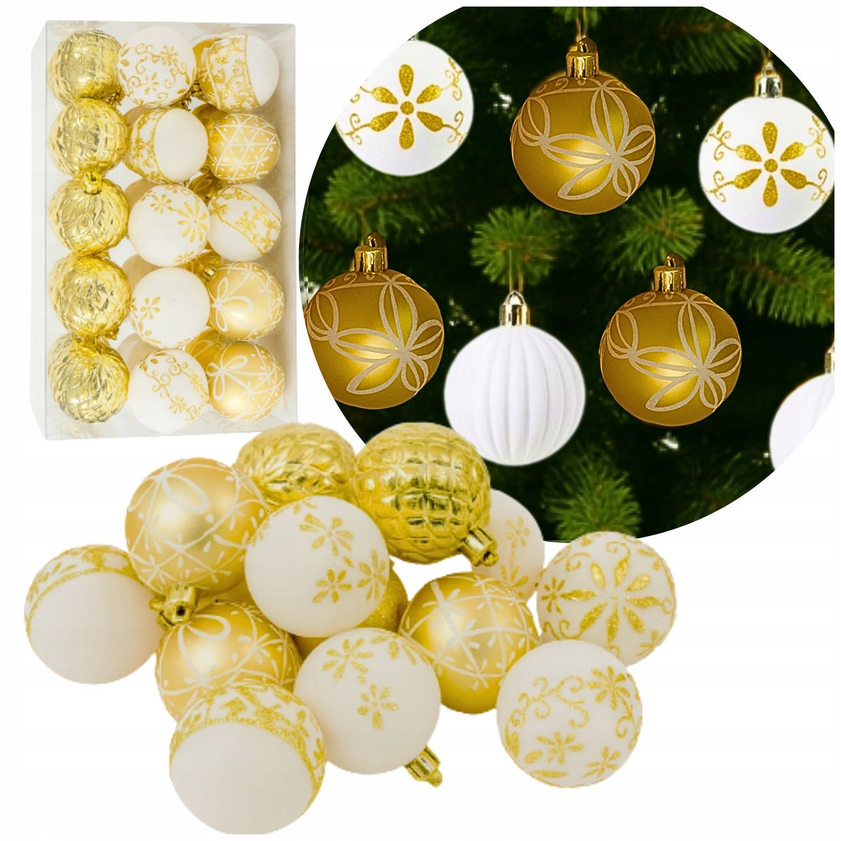 CHRISTMAS TREE BAUBLES 30 PCS UNBREAKABLE Christmas Tree Decorations Strong Gold and White Packaging status original