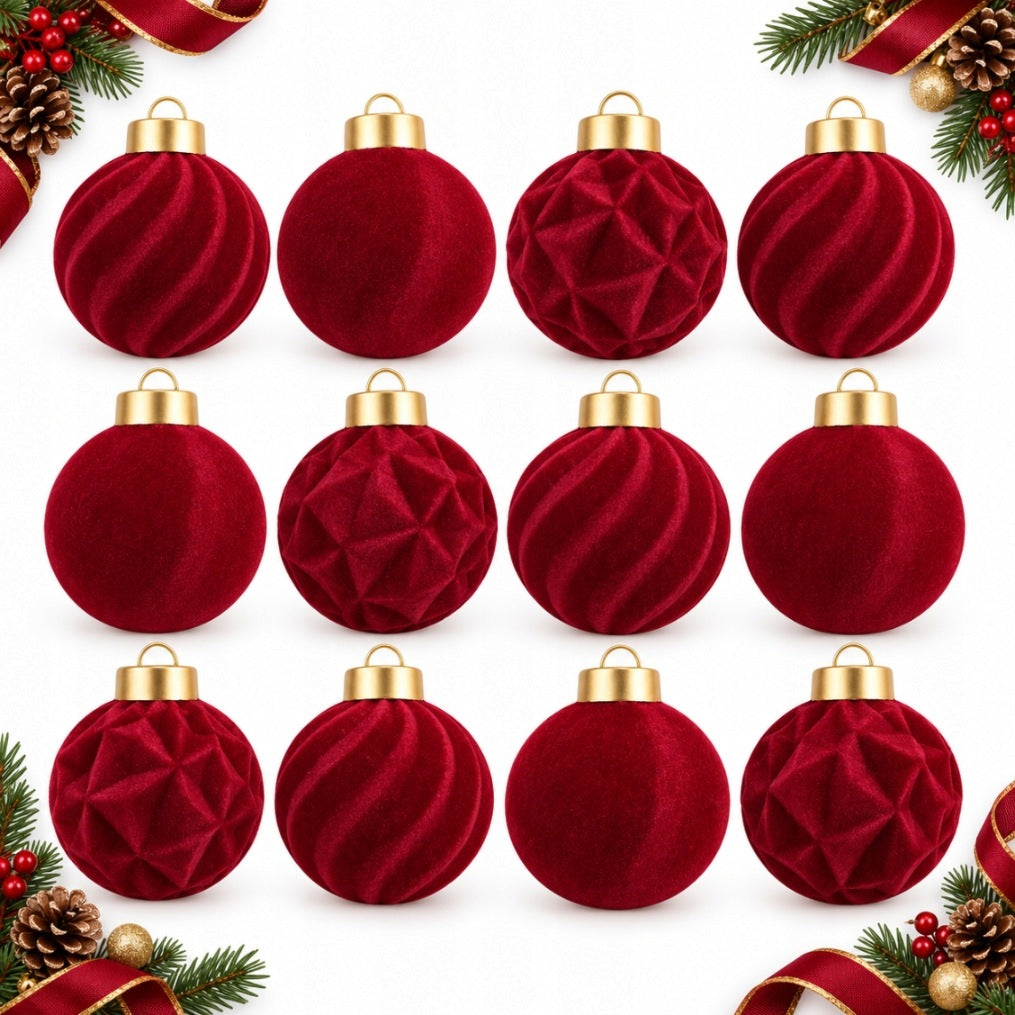 CHRISTMAS TREE BAUBLES 6 CM 12 PCS SET BURGUNDY VELOUR CHRISTMAS