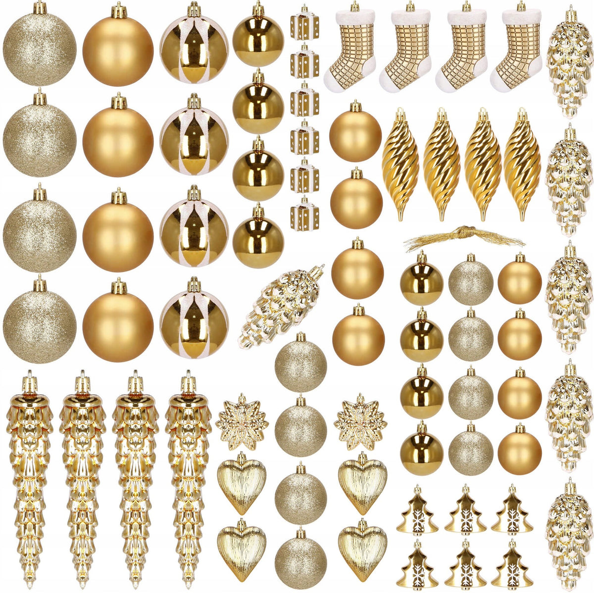 CHRISTMAS TREE BAUBLES 72PCS CHRISTMAS TREE SET UNBREAKABLE GOLD ORNAMENTS DECORATIONS Packaging status original