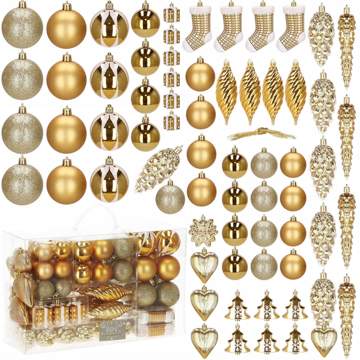 CHRISTMAS TREE BAUBLES 72PCS CHRISTMAS TREE SET UNBREAKABLE GOLD ORNAMENTS DECORATIONS