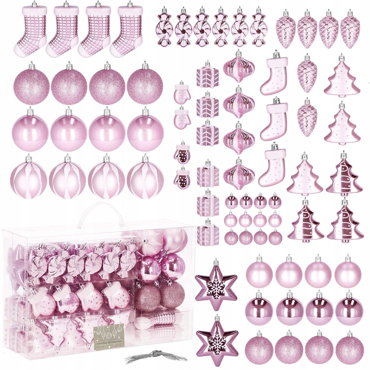 CHRISTMAS TREE BAUBLES 77PCS CHRISTMAS TREE SET UNBREAKABLE PINK CHRISTMAS ORNAMENTS Packaging status original