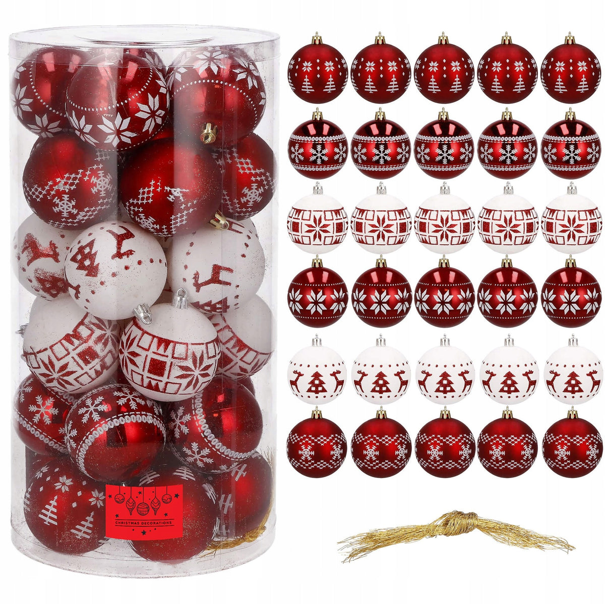 CHRISTMAS TREE BAUBLES 7cm UNBREAKABLE BAUBLE 30x SET OF RED WHITE CHRISTMAS TREE