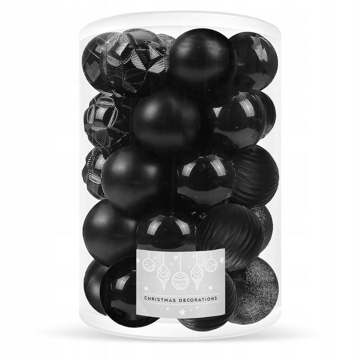 CHRISTMAS TREE BAUBLES 8cm UNBREAKABLE BLACK MIX 30pcs CHRISTMAS TREE ORNAMENTS
