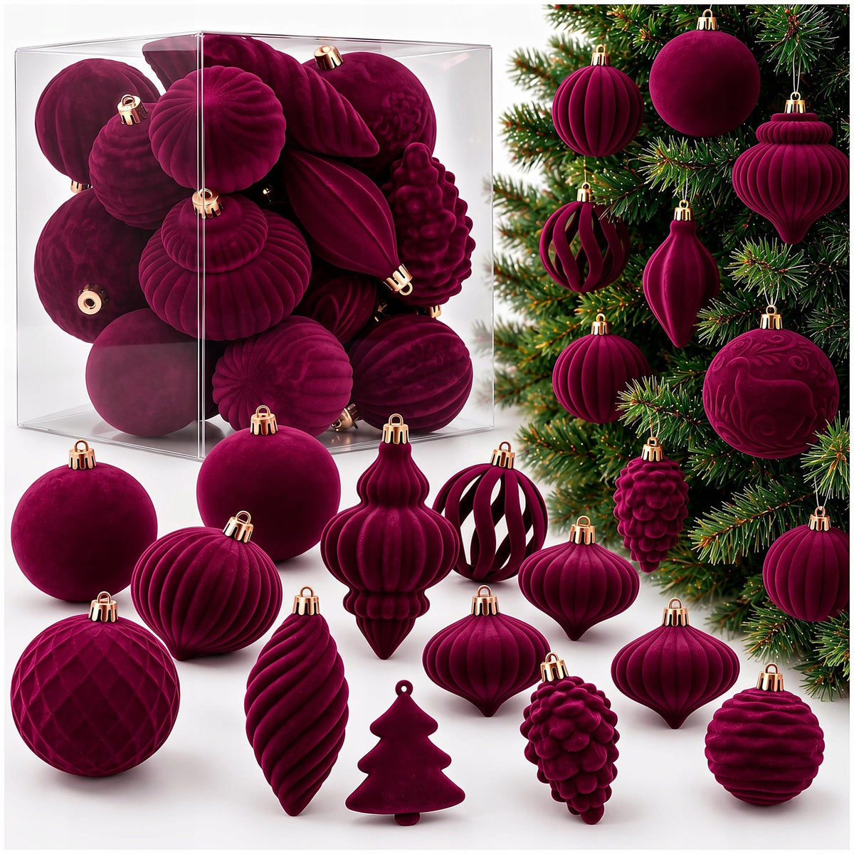 CHRISTMAS TREE BAUBLES CHRISTMAS DECORATIONS RED VELOUR UNBREAKABLE SET OF 18 PCS