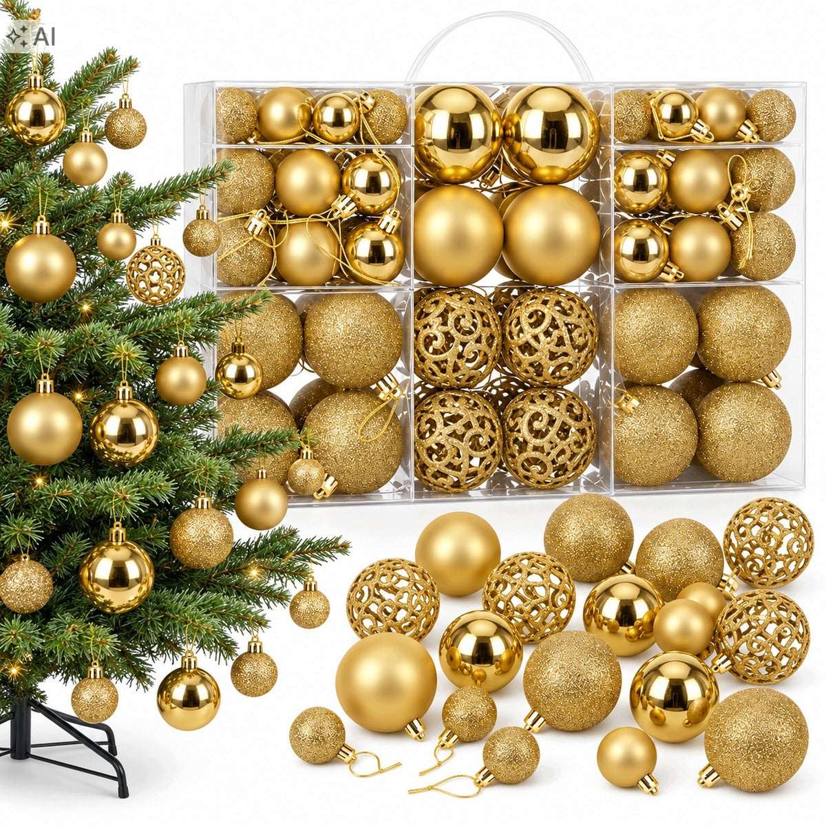 CHRISTMAS TREE BAUBLES PLASTIC 100 EL SET CHRISTMAS DECORATIONS LARGE GOLD XXL