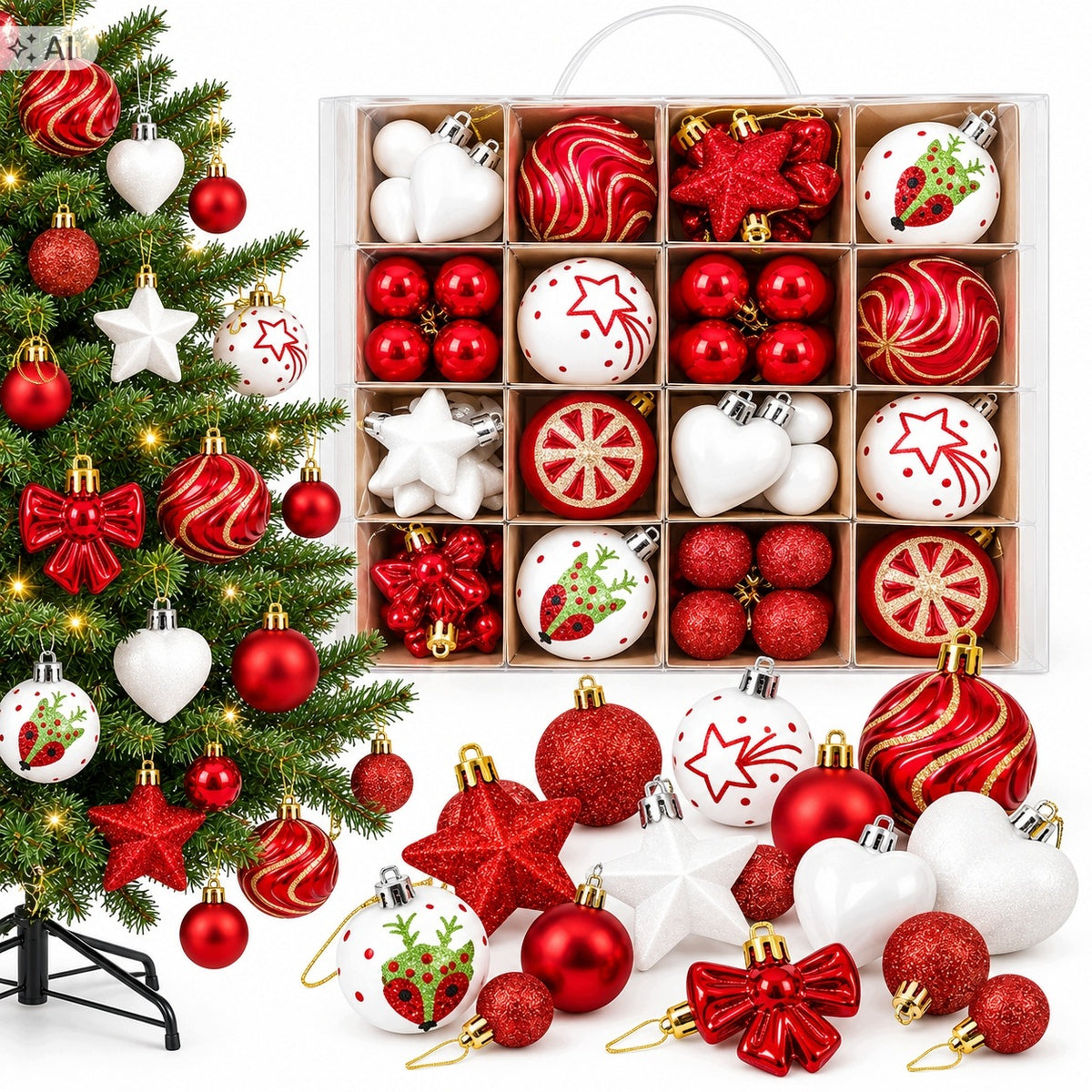CHRISTMAS TREE BAUBLES PLASTIC SET CHRISTMAS DECORATIONS LARGE WHITE RED