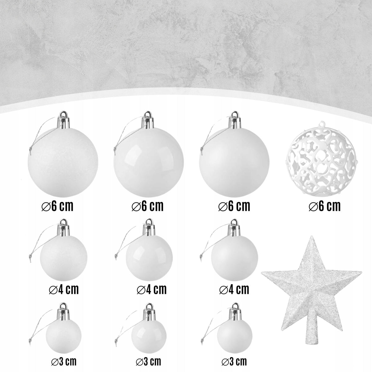 CHRISTMAS TREE BAUBLES SET 3/4/6 CM CHRISTMAS TREE BAUBLES WITH STAR 100 PCS WHITE Manufacturer code SAN001
