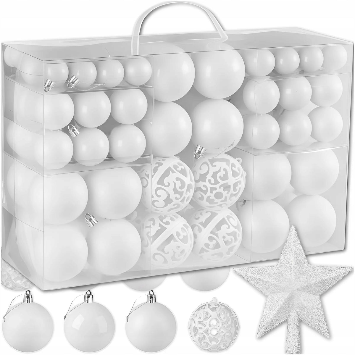 CHRISTMAS TREE BAUBLES SET 3/4/6 CM CHRISTMAS TREE BAUBLES WITH STAR 100 PCS WHITE