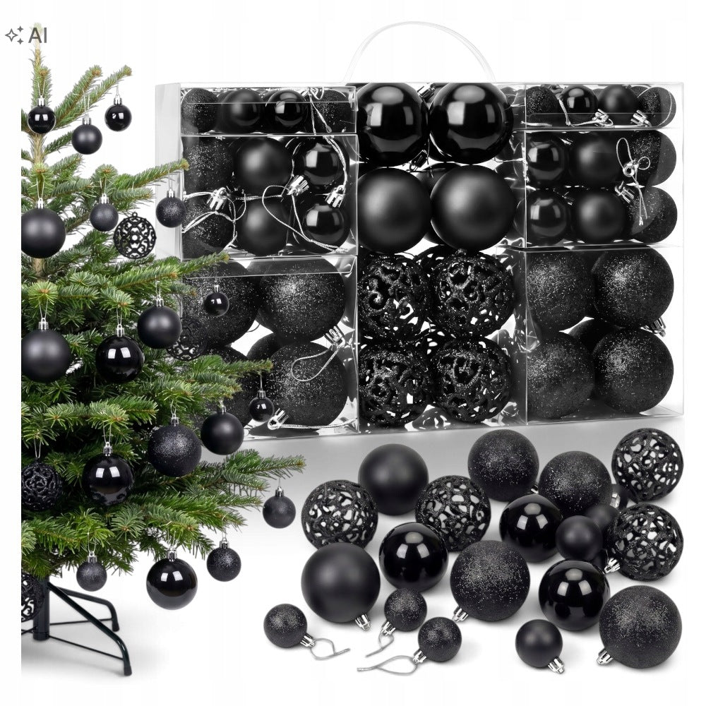 CHRISTMAS TREE BAUBLES SET XXL 100 PIECES SHATTERPROOF BLACK BAUBLES FOR CHRISTMAS TREE