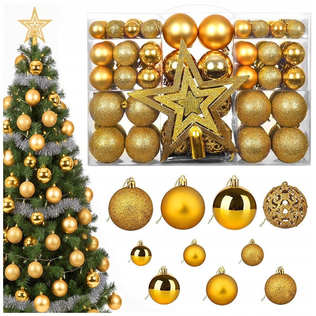 CHRISTMAS TREE BAUBLES SET XXL 101 PIECES GOLD CHRISTMAS DECORATIONS + STAR