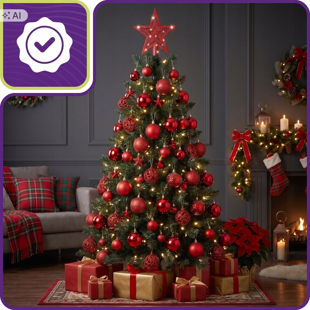 CHRISTMAS TREE BAUBLES SET XXL 101 PIECES RED BAUBLES WITH STAR FOR CHRISTMAS TREE Manufacturer code OZDOBY ŚWIĄTECZNE BOŻONARODZENIOWE NIETŁUKĄCE
