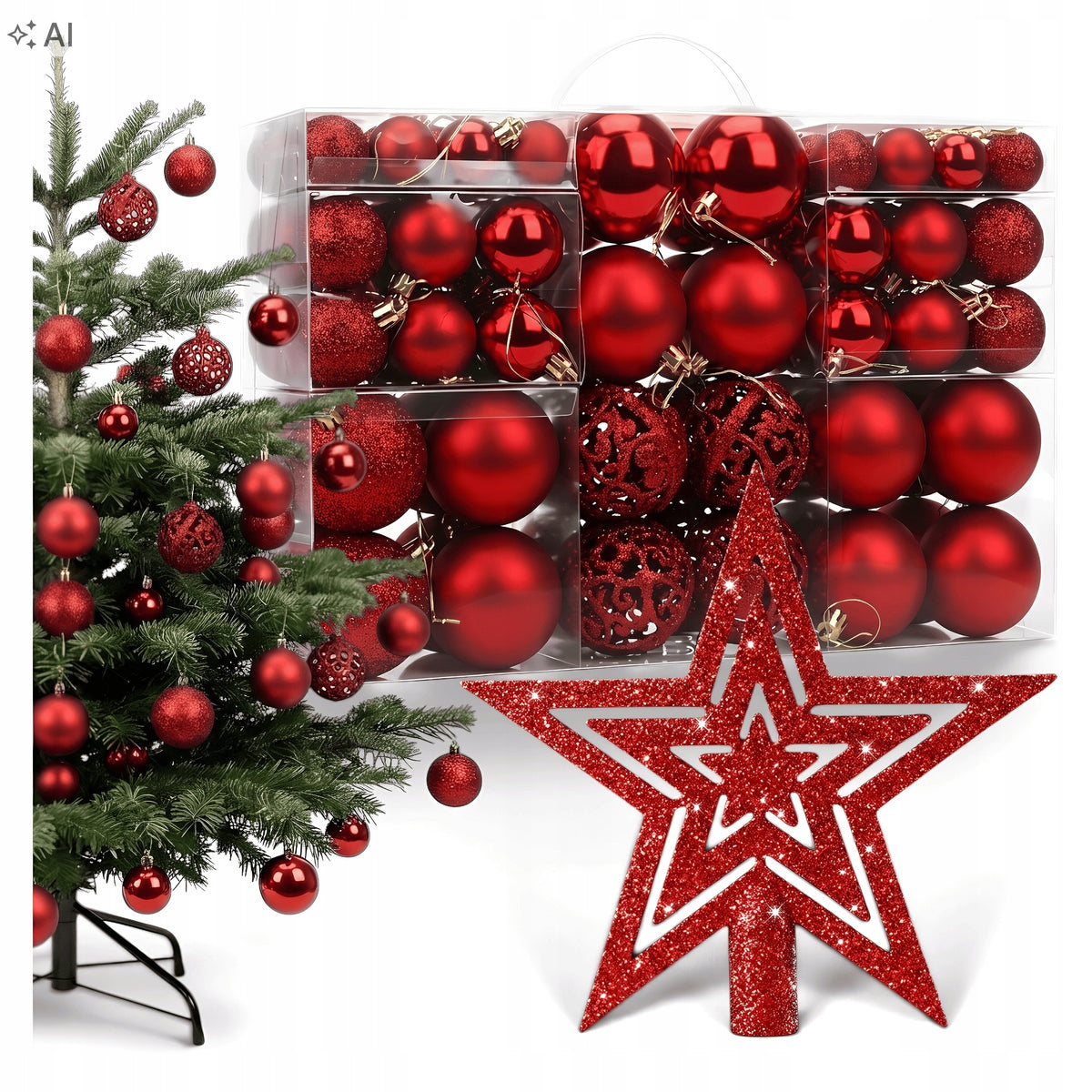CHRISTMAS TREE BAUBLES SET XXL 101 PIECES RED BAUBLES WITH STAR FOR CHRISTMAS TREE