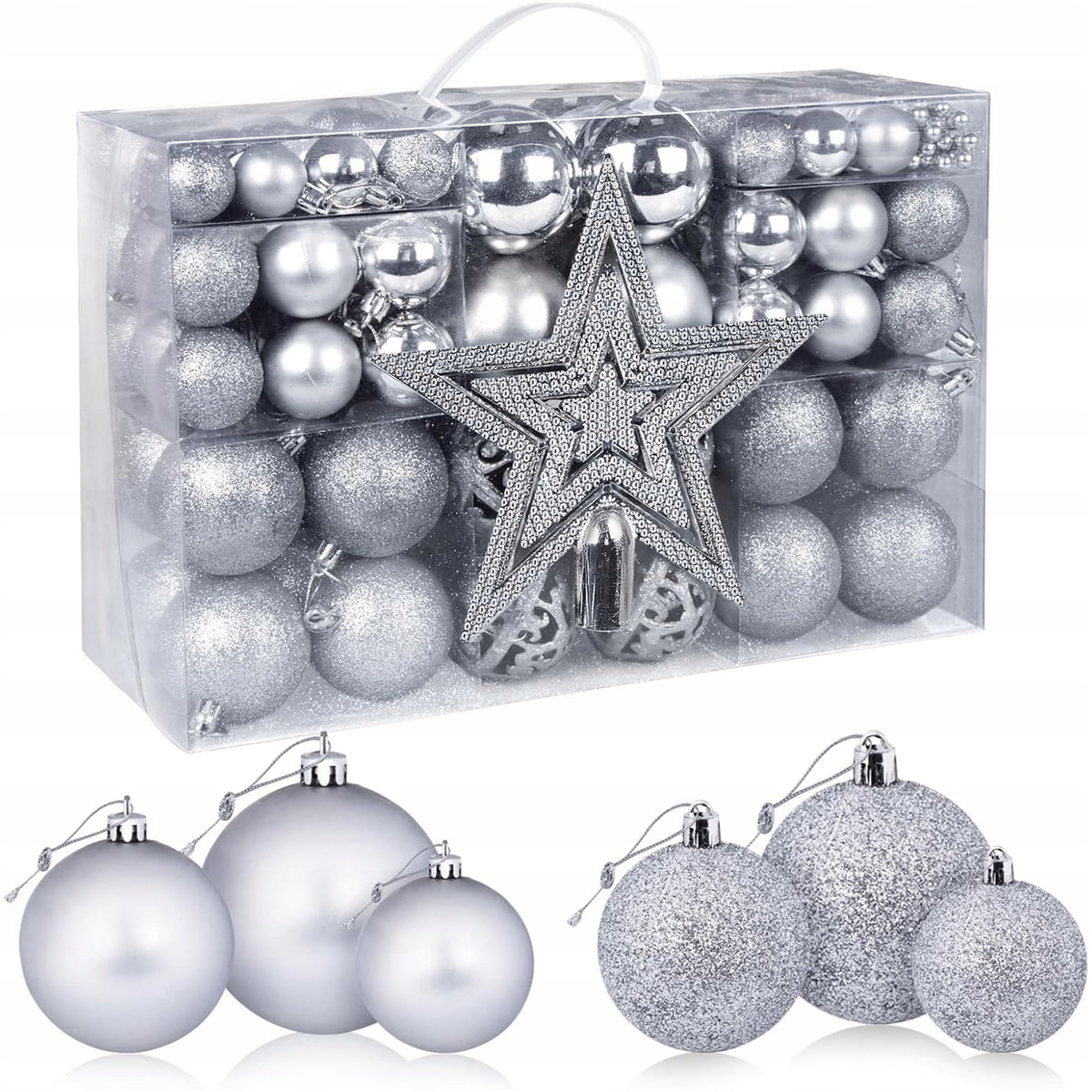 CHRISTMAS TREE BAUBLES SET XXL SILVER 100 pcs 6/ 4/ 3 cm + STAR