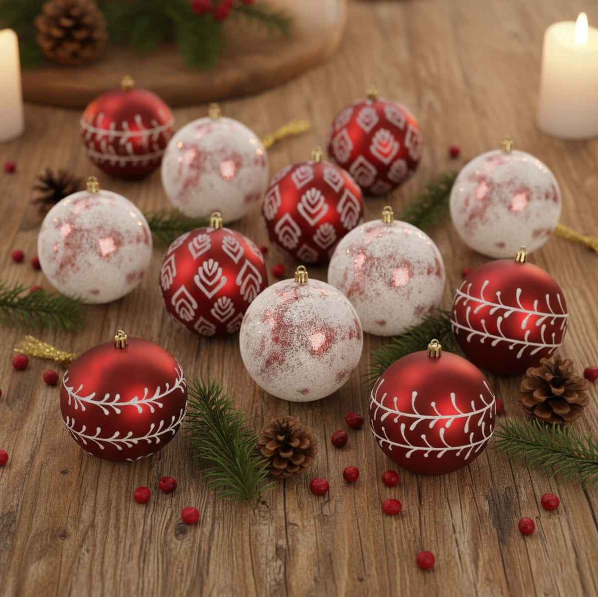 CHRISTMAS TREE BAUBLES UNBREAKABLE BAUBLE 12 RED LARGE CHRISTMAS TREE DESIGNS Packaging status original