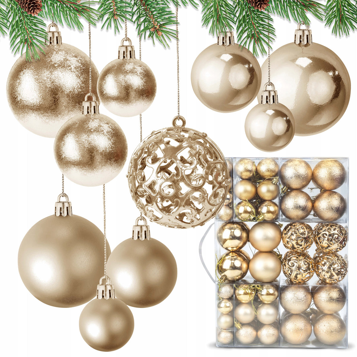 CHRISTMAS TREE BAUBLES UNBREAKABLE CHAMPAGNE SET 100 PIECES CHRISTMAS