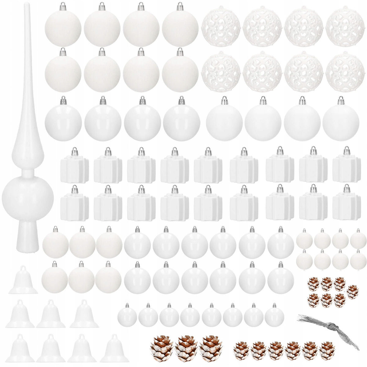 CHRISTMAS TREE BAUBLES UNBREAKABLE CHRISTMAS TREE SET XXL 101pcs WHITE SPIKE TIP Packaging status original