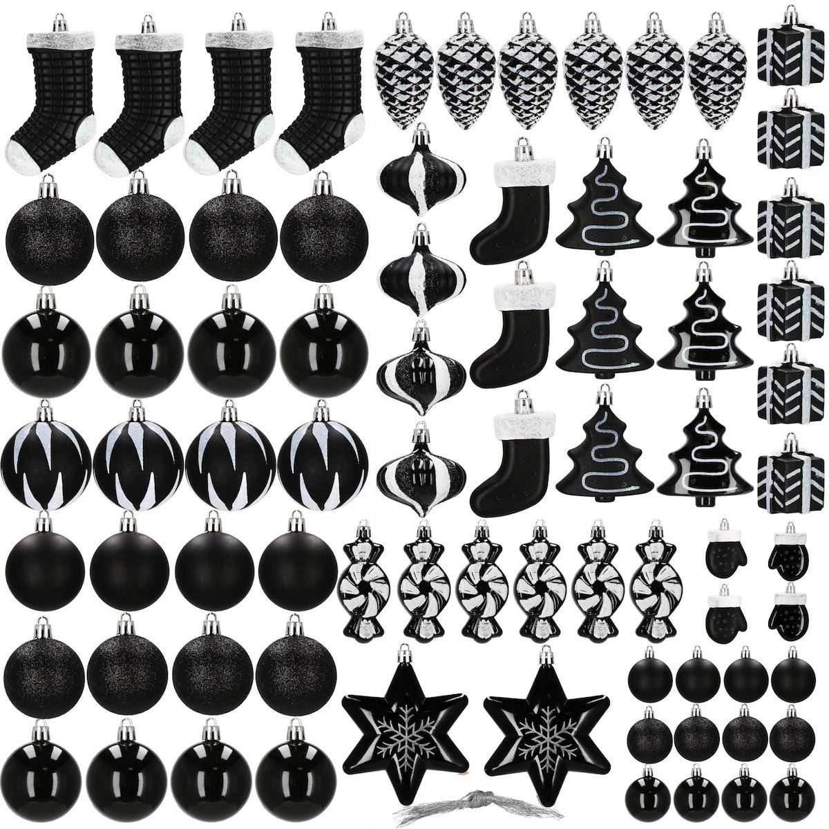 CHRISTMAS TREE BAUBLES UNBREAKABLE CHRISTMAS TREE SET XXL BLACK 77PCS ORNAMENTS MIX Packaging status original