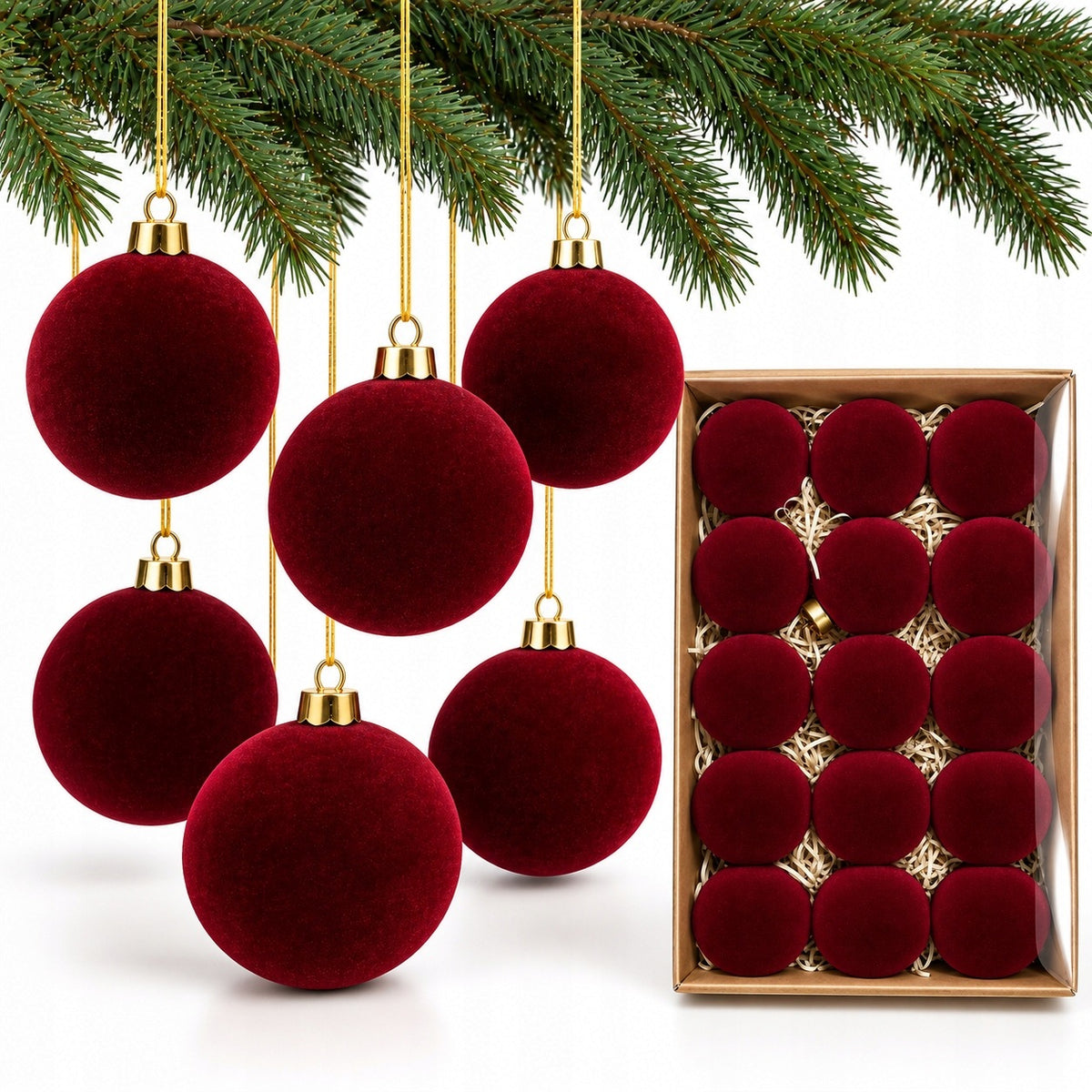 CHRISTMAS TREE BAUBLES UNBREAKABLE VELOUR 7cm SET OF 15 BURGUNDY FOR CHRISTMAS TREE