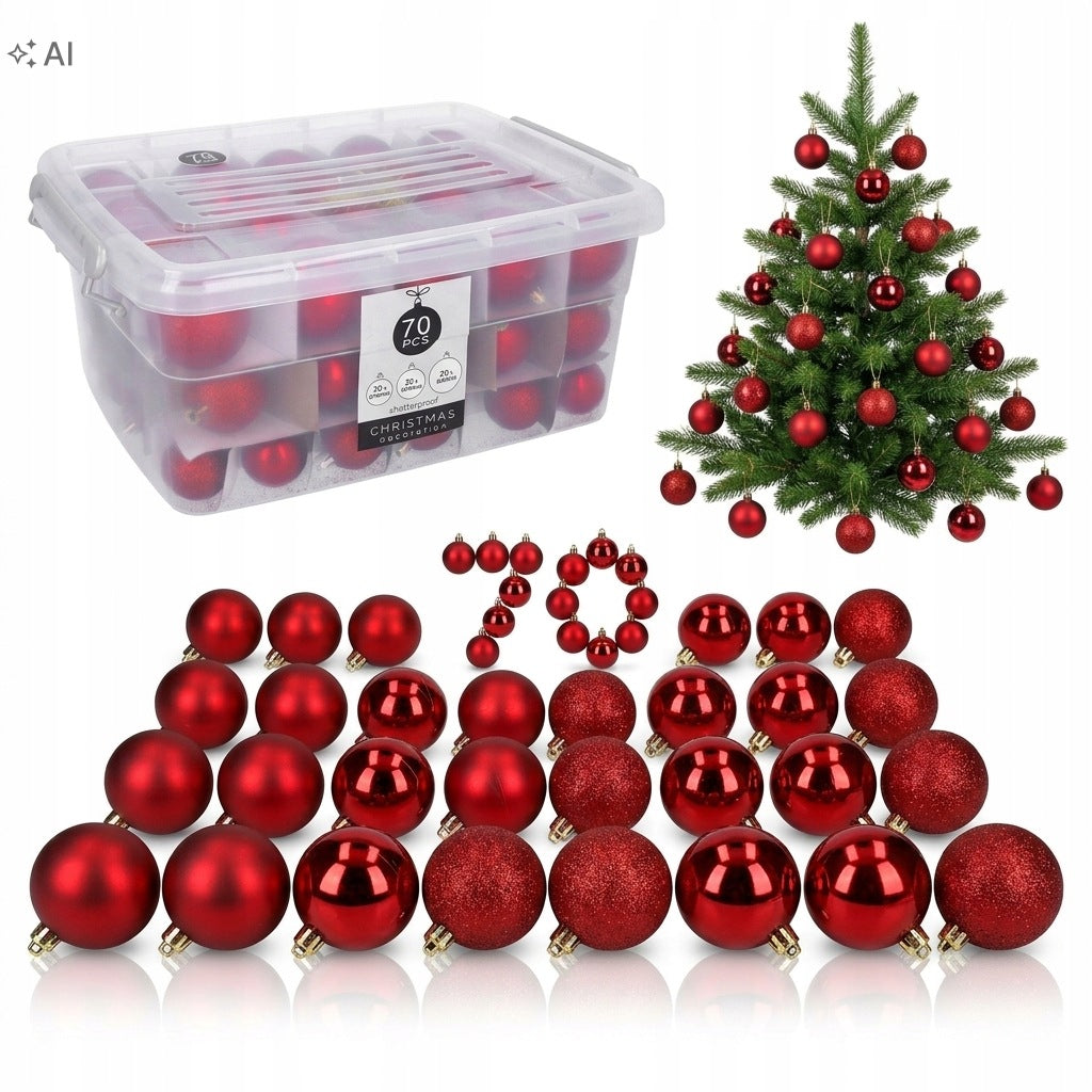 CHRISTMAS TREE BAUBLES red mega set x70 in chest with unbreakable handle