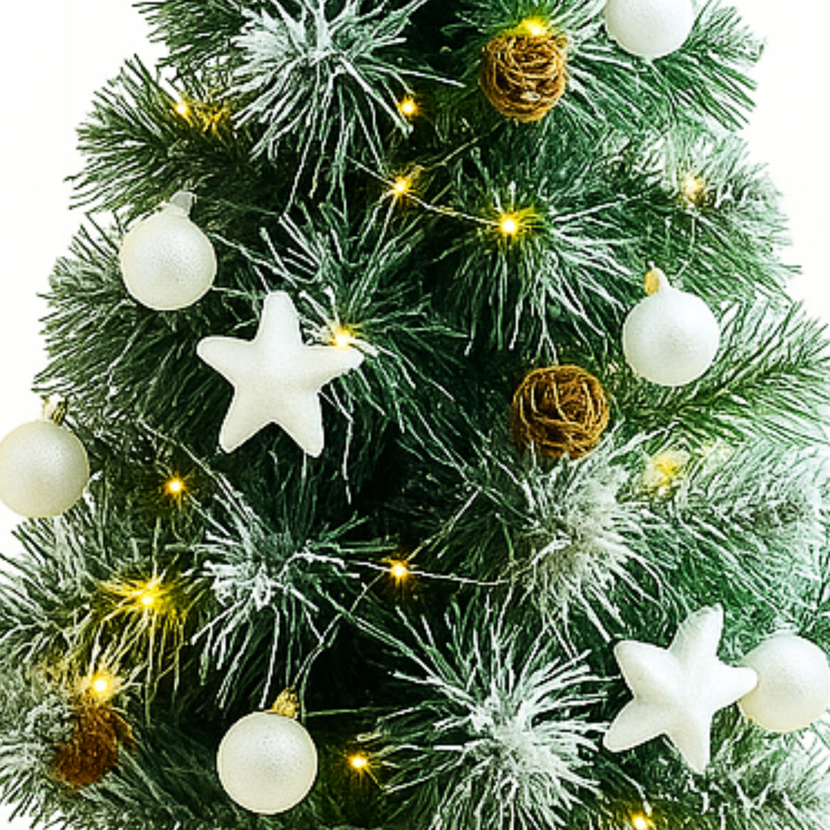 CHRISTMAS TREE DRESSED ARTIFICIAL PINE SMALL 55CM SNOW-COVERED white baubles LAMPS 20LED Manufacturer code Mała choinka ozdobiona biała 65cm z lampkami