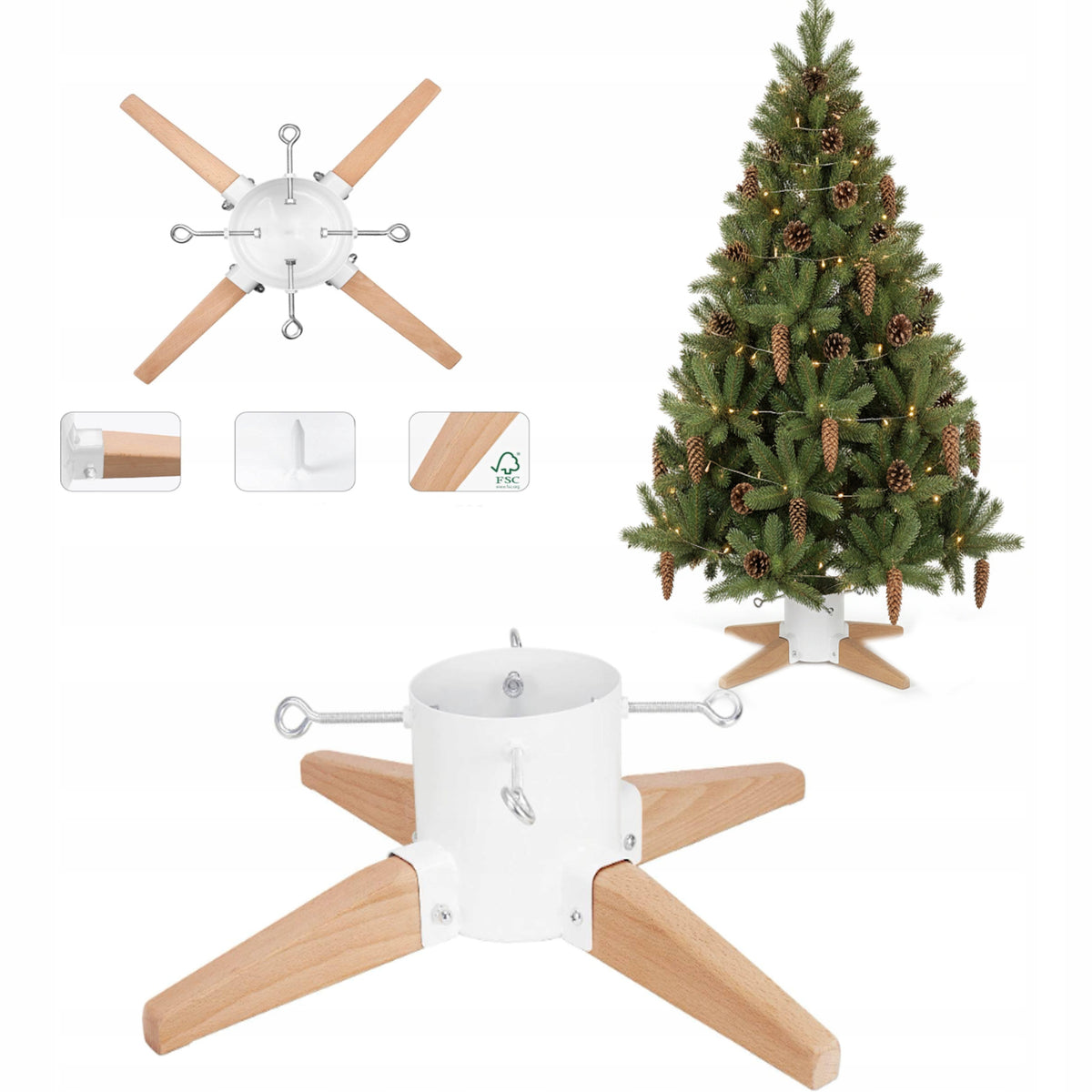 CHRISTMAS TREE STAND WOODEN METAL WHITE STAND UP TO 2,5M COIL