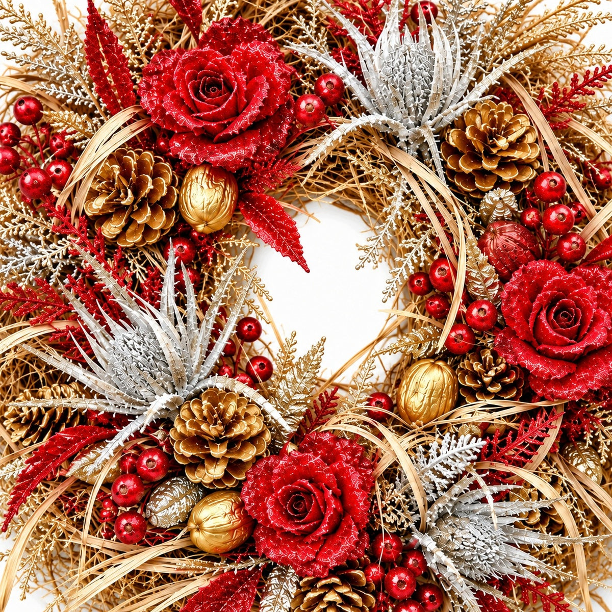 CHRISTMAS WREATH 25-30 CM RED GOLD CONES ROSES DECORATION FOR DOORS Packaging status original