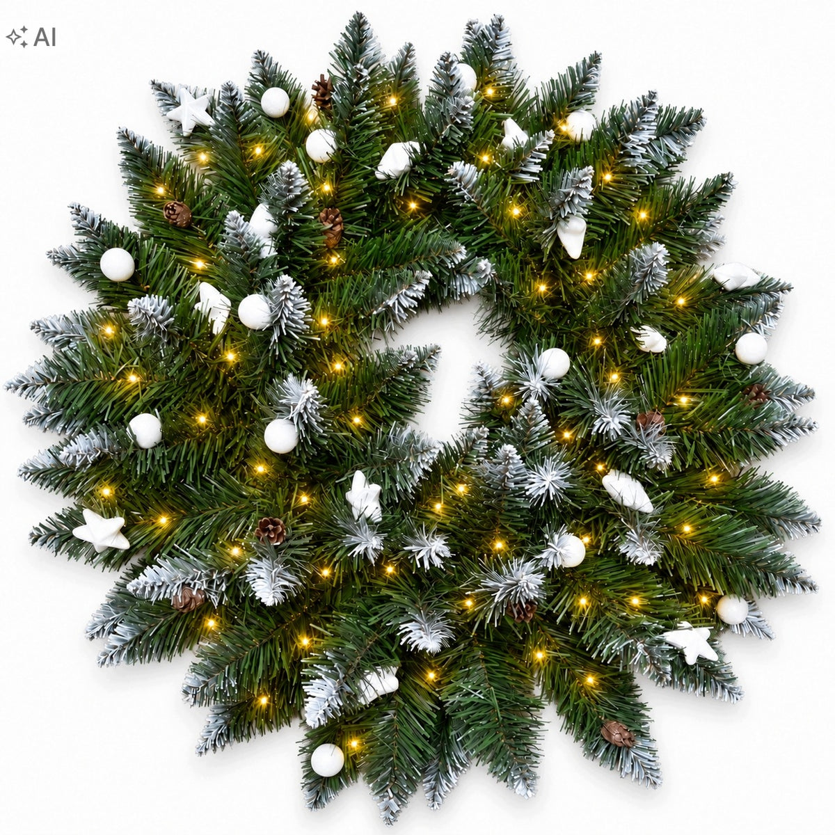 CHRISTMAS WREATH DENSE DECORATED WHITE LED FOR DOOR TABLE 65CM Packaging status original