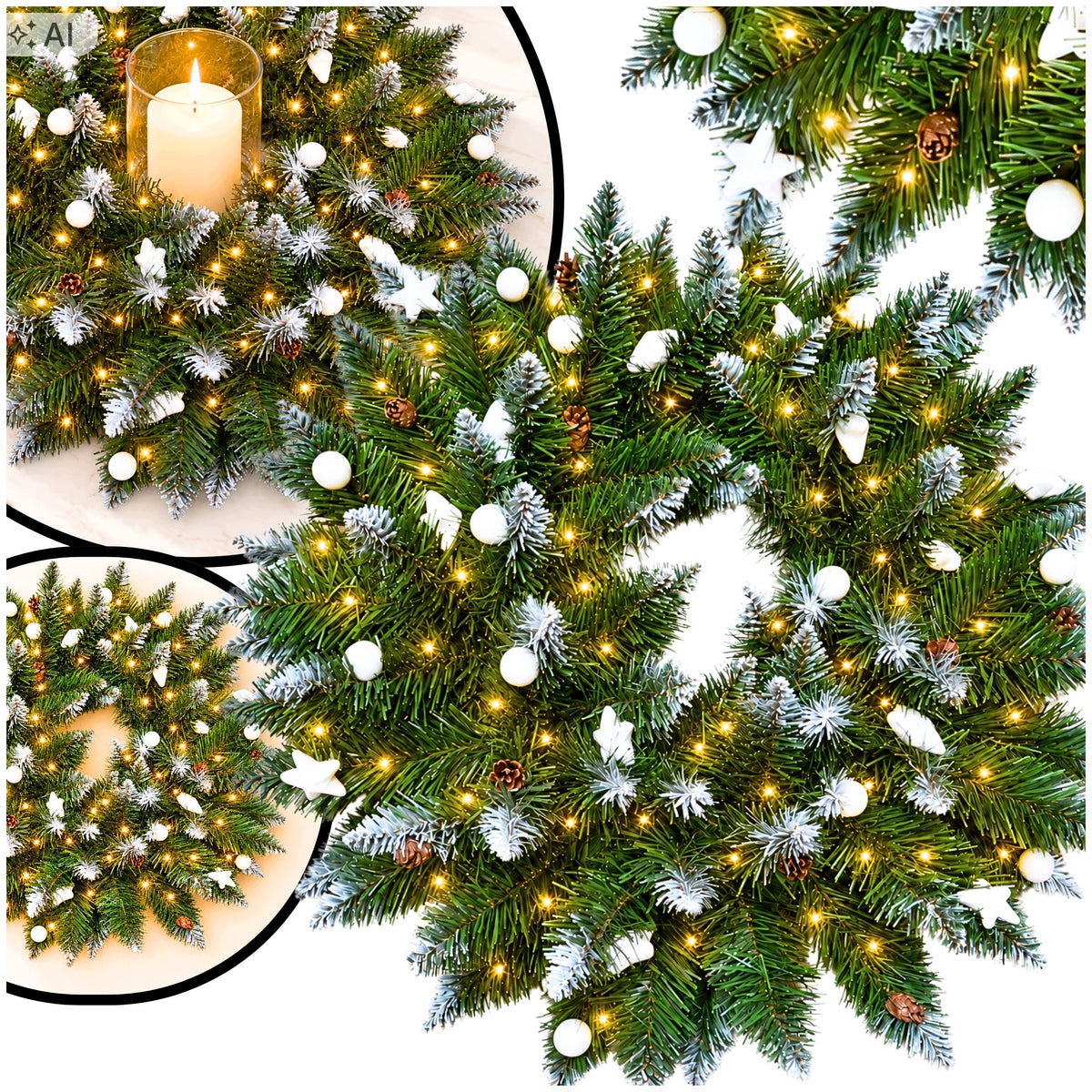 CHRISTMAS WREATH DENSE DECORATED WHITE LED FOR DOOR TABLE 65CM