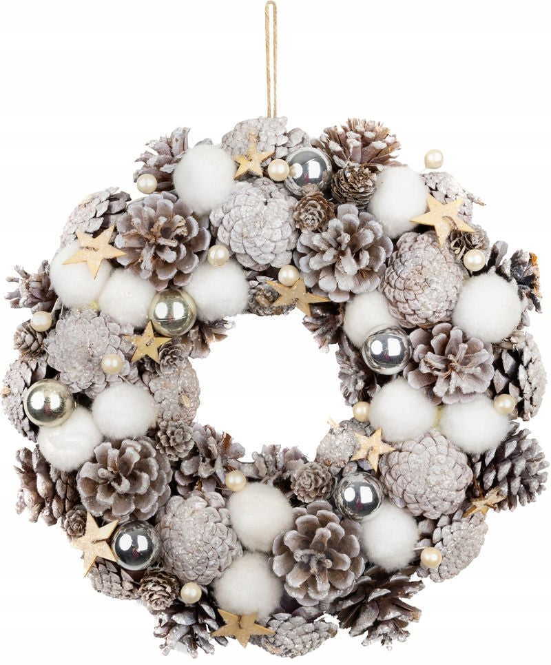 CHRISTMAS WREATH NATURAL CREAM SILVER HANGING FOR DOOR 35cm