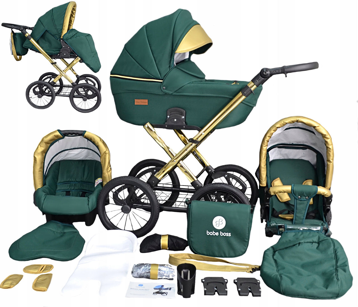 CLASSIC BABY STROLLER 3IN1 STUDENT GOLD RETRO Multifunctional + Accessories