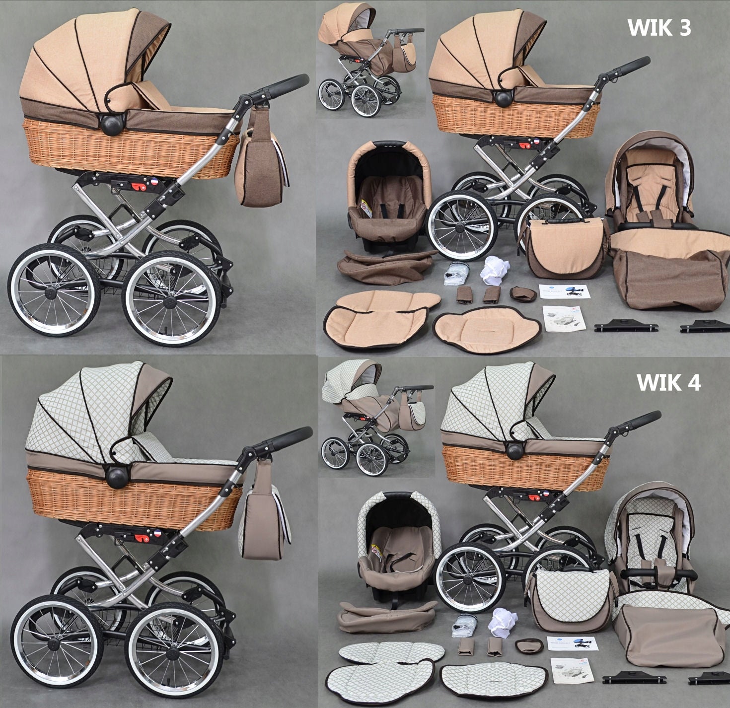 CLASSIC BABY STROLLER 4IN1 Wicker RETRO Wicker BASE ISOFIX + Accessories Brand Babe boss