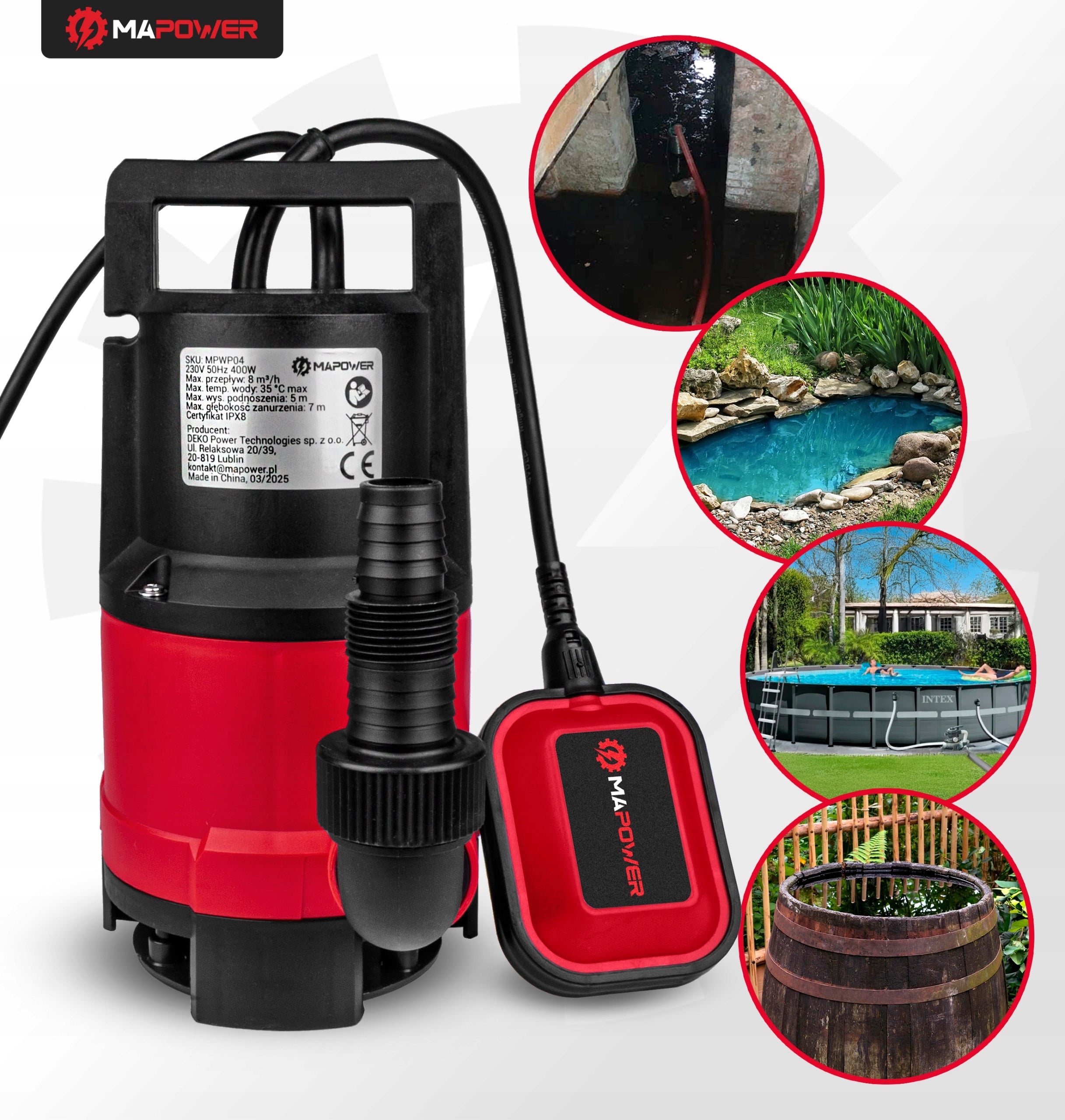 CLEAN WATER PUMP DIRTY POOL SUBMERSIBLE FLOAT 400W STRONG MAPOWER Maximum pump output 8000 l/h