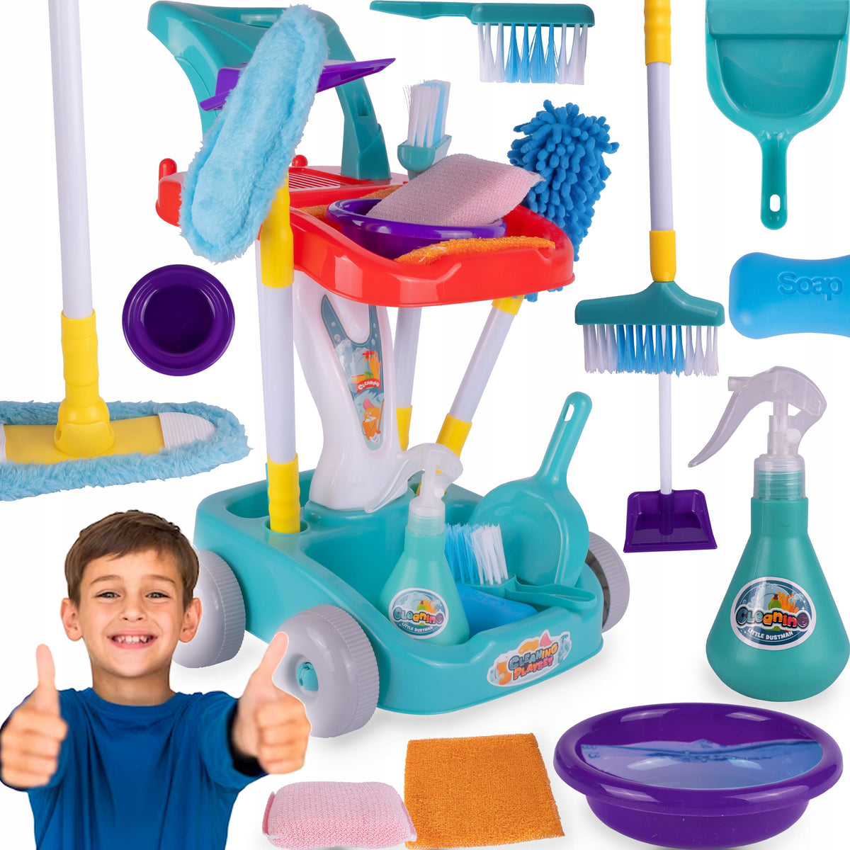 CLEANING KIT FOR CHILDREN ON A TROLLEY BRUSH WASHER MOP DUSTPAN