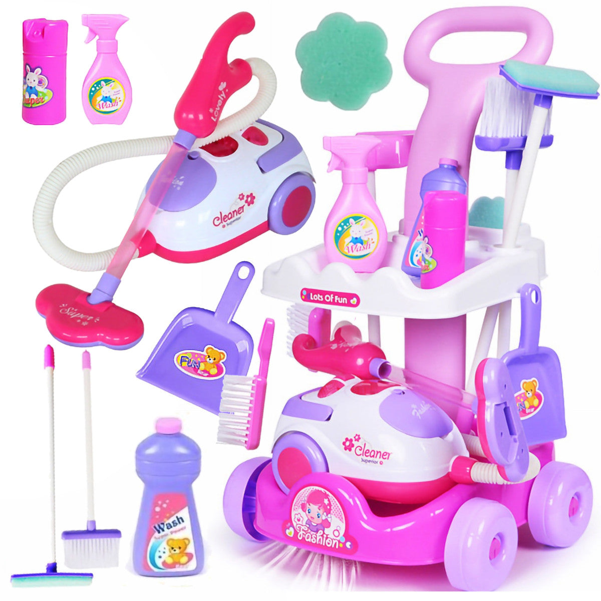 CLEANING KIT FOR KIDS VACUUM CLEANER PULLS TROLLEY MOP BROOM SPRAY
