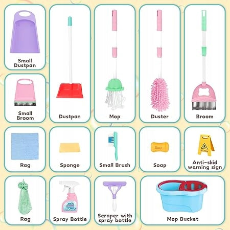 CLEANING SET FOR CHILDREN 16 EL. VACUUM CLEANER, MOP, BRUSH - TOY Kid's age 3+ years