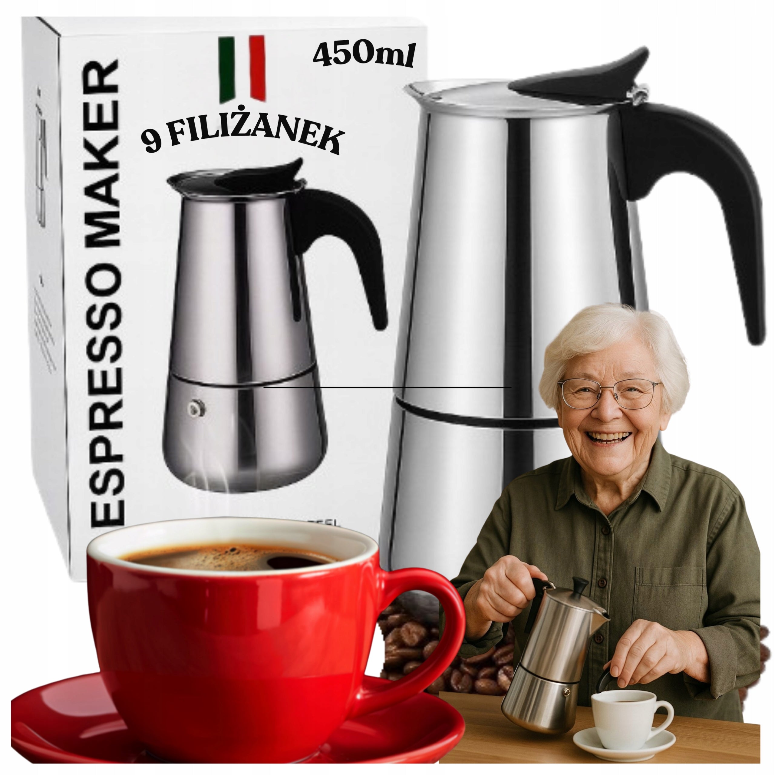 COFFEE MAKER TEA INFUSER 450ml STEEL INDUCTION GAS 9 CUPS