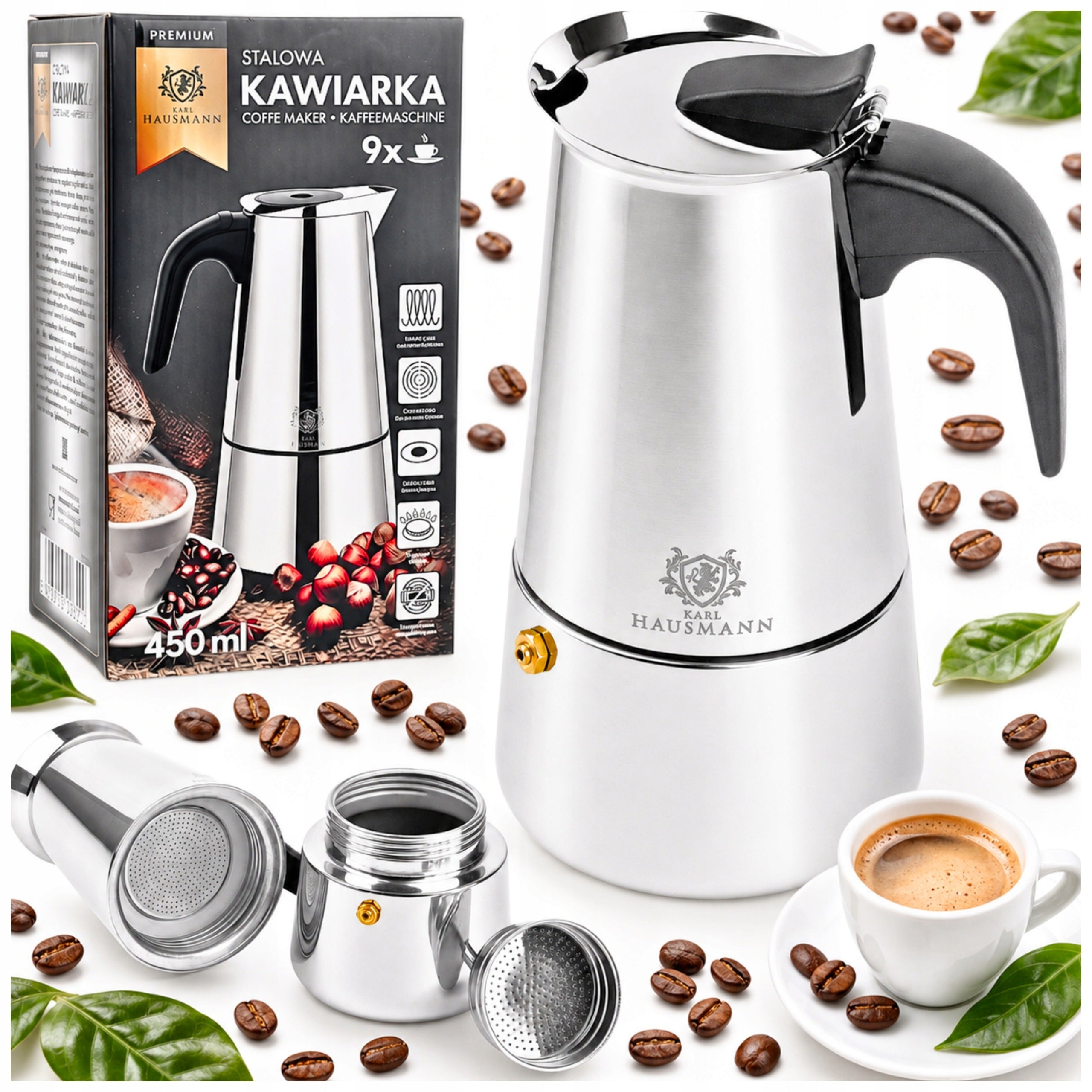 COFFEE MAKER TEA INFUSER 450ml STEEL for GAS 9 cups