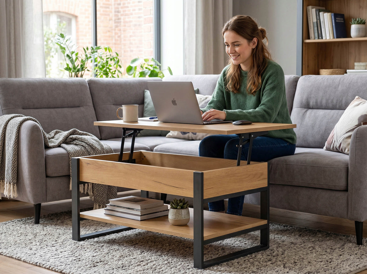COFFEE TABLE FOLD-OUT BENCH WITH RAISED TOP ADJUSTABLE WITH STORAGE Packaging status original