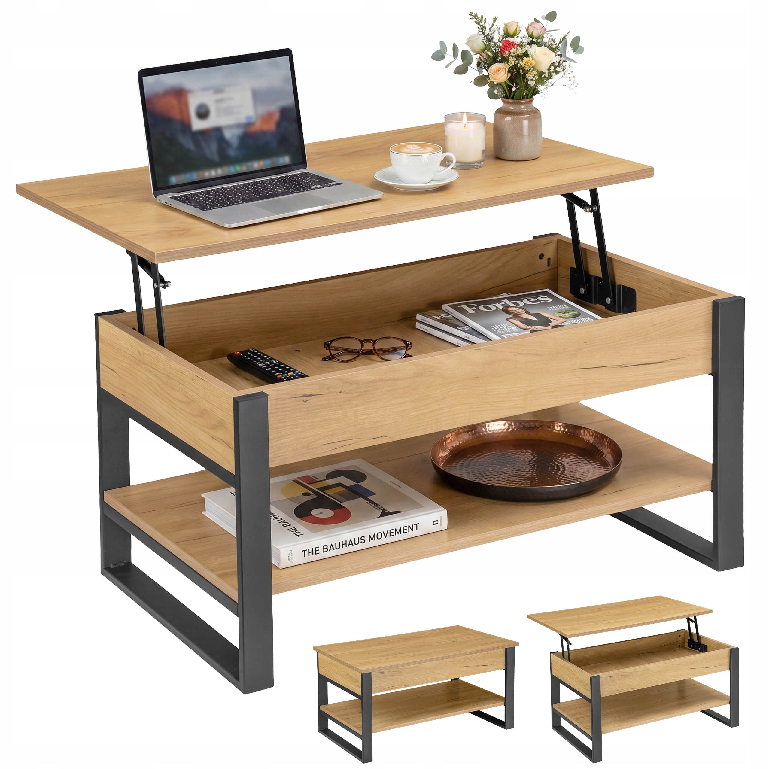 COFFEE TABLE FOLD-OUT BENCH WITH RAISED TOP ADJUSTABLE WITH STORAGE