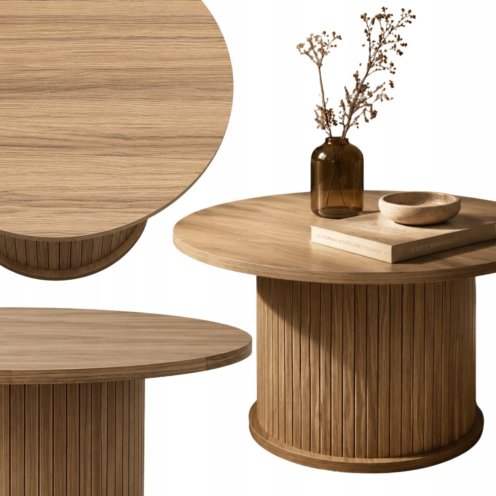 COFFEE TABLE GROOVED MDF Ø 70 CM BROWN HEIGHT 40 CM FOR LIVING ROOM