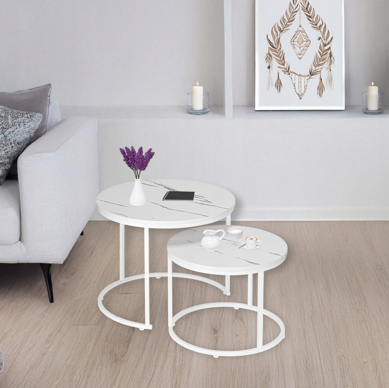 COFFEE TABLE ROUND WHITE 2IN1 COFFEE TABLE SET MARBLE GLAMOUR Packaging status original