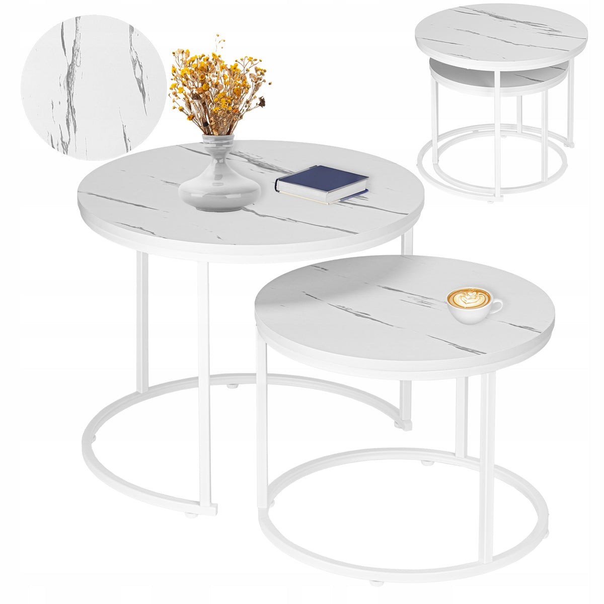 COFFEE TABLE ROUND WHITE 2IN1 COFFEE TABLE SET MARBLE GLAMOUR