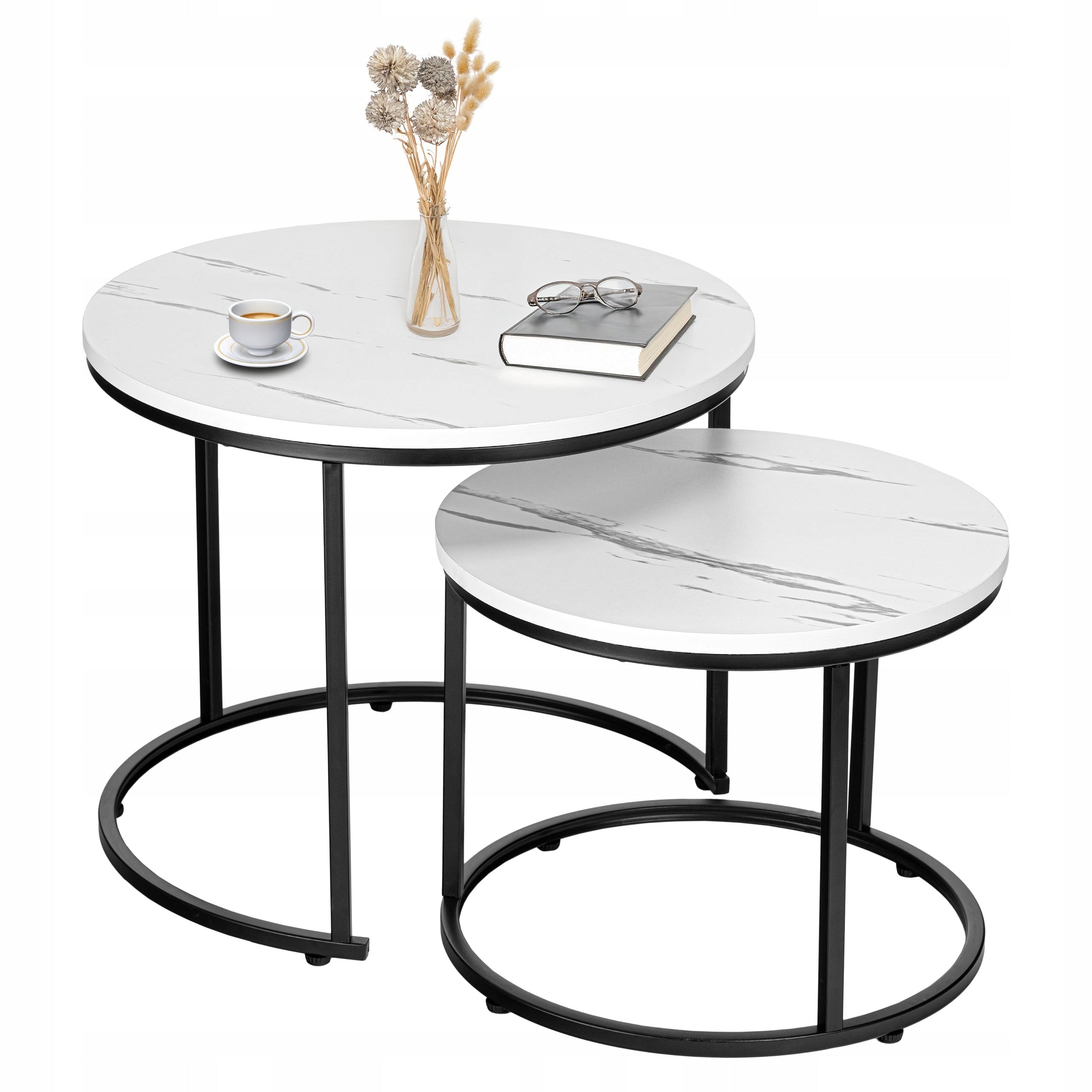 COFFEE TABLE SET 2in1 COFFEE TABLE ROUND BENCH MARBLE 53 CM 43 CM