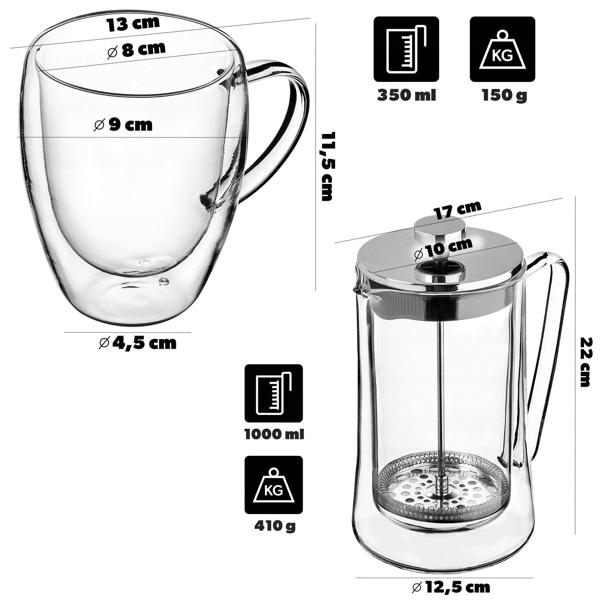 COFFEE TEA INFUSER 1L PISTON COFFEE MAKER JUG + THERMAL GLASSES Manufacturer code K15619