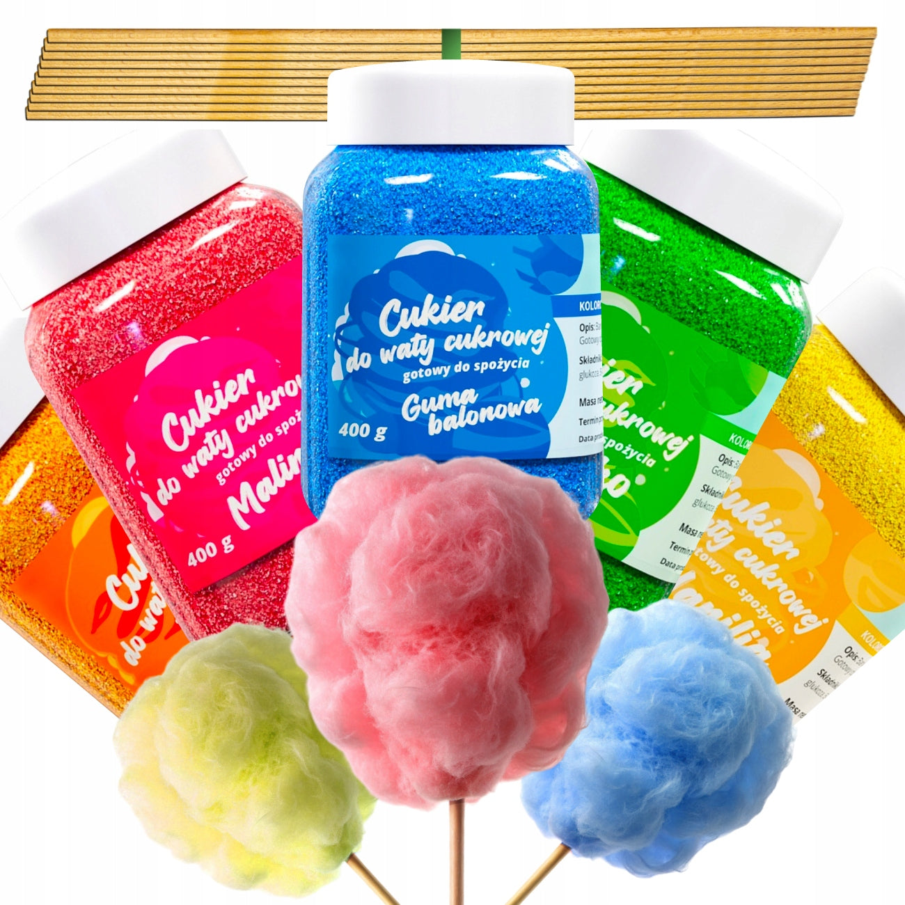 COLORED SUGAR for cotton candy 5x400g flavor MIX freebie 10pcs sticks Manufacturer code CUKIER KOLOROWY 5x400g patyczki 10szt