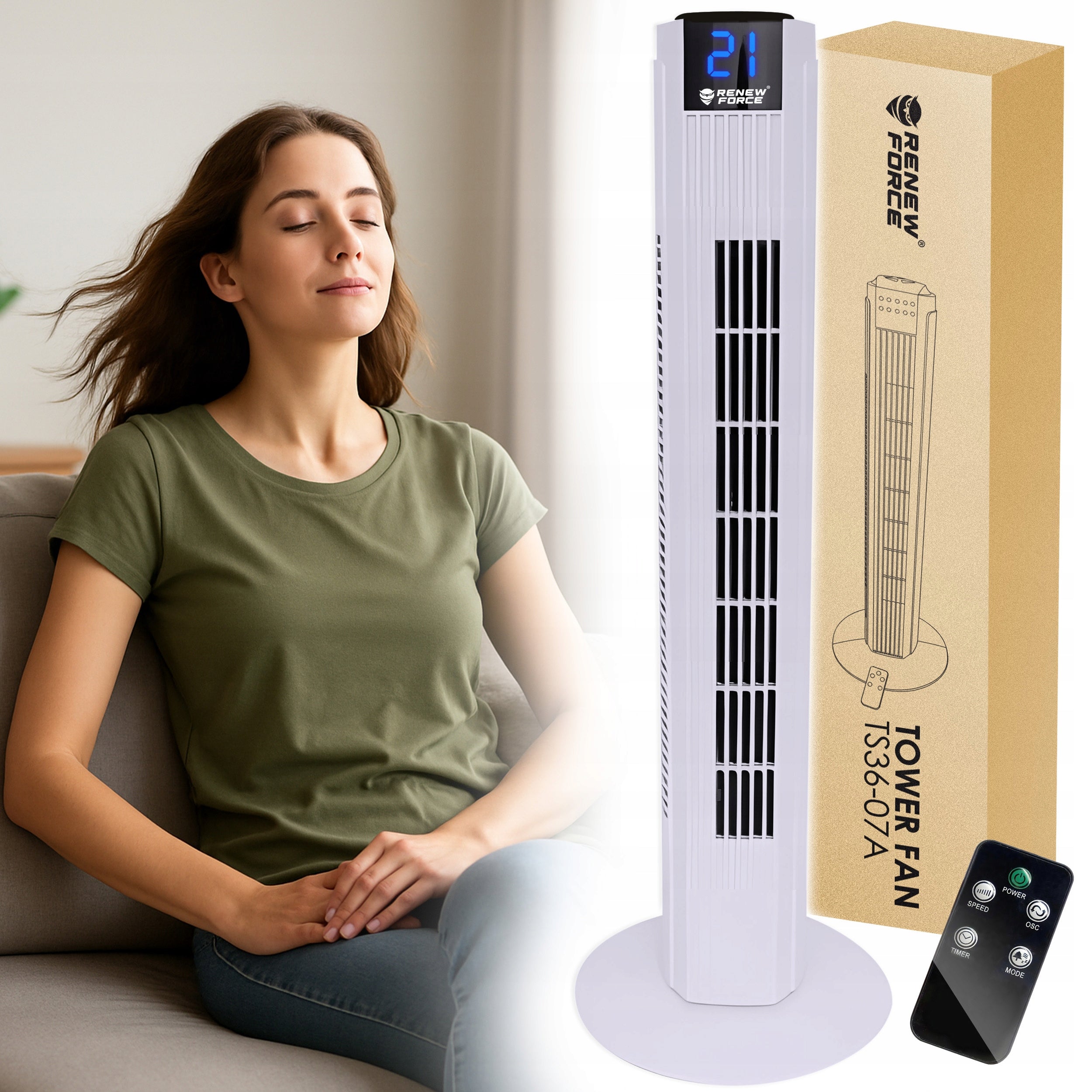 COLUMN FAN LARGE FLOOR FAN VERTICAL TIMER OSCILLATION REMOTE CONTROL Model BIAŁY MAT STOJĄCY WYŚWIETLACZ LED 3 POZIOMY 30 DB